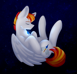 Size: 922x885 | Tagged: safe, artist:dharmonystar, oc, oc only, oc:shining sky, horse, pegasus, pony, glowing, male, pegasus oc, sky, sleeping, solo, stallion, tail, thinking, wings