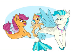 Size: 1280x964 | Tagged: safe, artist:moccabliss, scootaloo, terramar, oc, hybrid, pegasus, pony, seapony (g4), g4, female, fin wings, fins, fish tail, interspecies offspring, jewelry, looking at each other, male, necklace, offspring, open mouth, parent:scootaloo, parent:terramar, parents:terraloo, seaponified, seapony scootaloo, ship:terraloo, shipping, simple background, smiling, species swap, straight, tail, wings