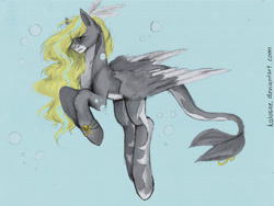 Size: 2827x2122 | Tagged: safe, artist:katoline, oc, oc only, hybrid, merpony, pegasus, pony, bubble, fish tail, flowing mane, high res, solo, traditional art, underwater, water, wings