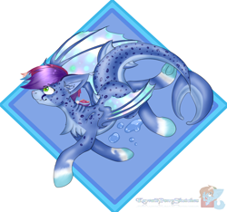 Size: 1600x1500 | Tagged: safe, artist:kozykreations, edit, oc, oc only, original species, shark, shark pony, bubble, dorsal fin, ear fluff, fish tail, green eyes, logo, logo edit, solo, swimming, tail, wings
