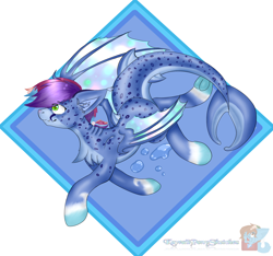 Size: 1600x1500 | Tagged: safe, artist:kozykreations, edit, oc, oc only, original species, shark, shark pony, bubble, dorsal fin, ear fluff, fins, fish tail, flowing mane, flowing tail, gills, green eyes, logo, logo edit, ocean, scales, shark tail, shark teeth, smiling, solo, swimming, tail, underwater, water, wings