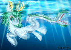 Size: 1754x1240 | Tagged: safe, artist:blackheart0001, oc, oc only, sea pony, colored pupils, crepuscular rays, electrified, fangs, fish tail, green eyes, ocean, smiling, solo, sunlight, swimming, tail, toy, underwater, water