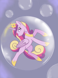 Size: 1280x1707 | Tagged: safe, artist:runningnorth, princess cadance, alicorn, pony, g4, bubble, crown, female, folded wings, hoof shoes, horn, in bubble, jewelry, mare, purple eyes, regalia, request, solo, wings