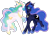 Size: 2930x2047 | Tagged: safe, artist:mscolorsplash, princess celestia, princess luna, alicorn, pony, g4, blue mane, colored pupils, crown, duo, duo female, ethereal mane, female, flowing mane, green eyes, high res, hoof shoes, horn, jewelry, looking at each other, mare, multicolored hair, purple eyes, regalia, royal sisters, siblings, silly, silly pony, simple background, sisters, starry mane, starry tail, tongue out, transparent background