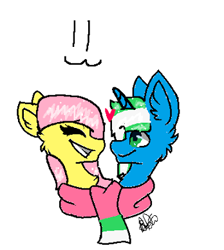 Size: 348x389 | Tagged: safe, artist:minepony yay, fluttershy, oc, oc:igames, g4, :3, clothes, looking at each other, scarf, shipping