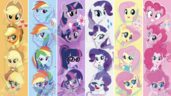 Size: 4096x2304 | Tagged: safe, applejack, fluttershy, pinkie pie, rainbow dash, rarity, sci-twi, twilight sparkle, alicorn, earth pony, pegasus, pony, unicorn, equestria girls, g4, g4.5, my little pony equestria girls: better together, my little pony: pony life, my little pony: the movie, cutie mark, female, humane five, humane six, magical geodes, mane six, multeity, transparent, twilight sparkle (alicorn), wallpaper