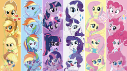 Size: 4096x2304 | Tagged: safe, applejack, fluttershy, pinkie pie, rainbow dash, rarity, sci-twi, twilight sparkle, alicorn, earth pony, pegasus, pony, unicorn, equestria girls, g4, g4.5, my little pony equestria girls: better together, my little pony: pony life, my little pony: the movie, cutie mark, female, humane five, humane six, magical geodes, mane six, multeity, twilight sparkle (alicorn), wallpaper