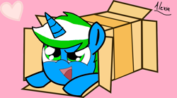 Size: 1000x554 | Tagged: safe, artist:alexia gameplays, oc, oc:igames, box, meme, pink background, ponies sliding into a box, simple background, sliding, sliding ponies
