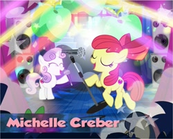 Size: 1339x1079 | Tagged: safe, artist:michellecreber, artist:pixelkitties, apple bloom, sweetie belle, earth pony, pony, unicorn, g4, claire corlett, duo, eyes closed, female, filly, light show, michelle creber, microphone, speaker