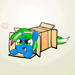 Size: 508x508 | Tagged: safe, artist:igames, oc, oc:igames, pony, unicorn, animated, cute, floating heart, gif, heart, lying down, meme, nya, open mouth, open smile, ponies sliding into a box, prone, simple background, sliding, smiling, sploot
