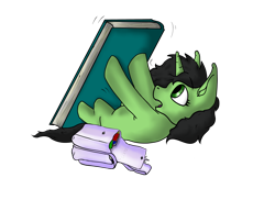 Size: 3118x2267 | Tagged: safe, alternate version, artist:scoundrel scaramouche, oc, oc:green, pony, unicorn, fanfic:trust once lost, book, book bag, female, filly, foal, giant book, high res