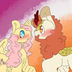 Size: 400x400 | Tagged: safe, artist:peachepastels, autumn blaze, fluttershy, kirin, pegasus, pony, g4, autumnshy, blushing, female, lesbian, mare, shipping