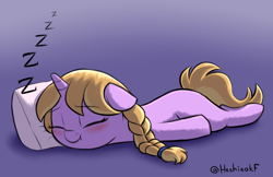 Size: 2922x1890 | Tagged: safe, artist:heretichesh, oc, oc only, pony, unicorn, blushing, braid, colored, cute, eyes closed, female, filly, floppy ears, lying down, ocbetes, onomatopoeia, pillow, prone, simple background, sleeping, solo, sound effects, zzz