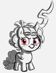 Size: 974x1262 | Tagged: safe, artist:heretichesh, cozy glow, alicorn, changeling, pony, g4, alicornified, changeling horn, cozycorn, disguise, disguised changeling, evil eyes, female, filly, freckles, fusion, horn, monochrome, partial color, race swap, red eyes, simple background, sketch, solo, white background