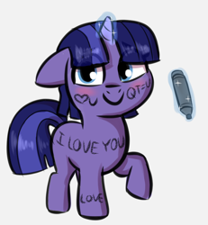 Size: 732x792 | Tagged: safe, artist:heretichesh, oc, oc only, unnamed oc, pony, unicorn, blushing, body writing, colored, female, filly, looking at you, magic, magic aura, marker, not twilight sparkle, raised hoof, simple background, solo, white background