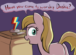 Size: 1842x1353 | Tagged: safe, artist:heretichesh, lemon daze, earth pony, pony, g4, the mysterious mare do well, andrea libman, butt, colored, crazy face, evil, faic, female, filly, implied rainbow dash, knife, looking at you, looking back, looking back at you, pedestal, plot, simple background, smiling, smiling at you, solo, voice actor