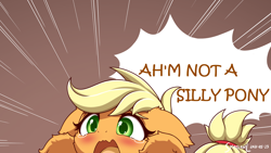 Size: 3200x1800 | Tagged: safe, artist:symbianl, edit, part of a set, applejack, earth pony, pony, g4, adorable distress, angry dog noises, blatant lies, cheek fluff, crying, cute, dialogue, ear fluff, female, floppy ears, fluffy, funetik aksent, hatless, jackabetes, leg fluff, mare, meme, missing accessory, open mouth, silly, silly pony, solo, speech bubble, teary eyes, who's a silly pony