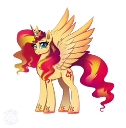Size: 3798x3863 | Tagged: safe, artist:confetticakez, sunset shimmer, alicorn, pony, g4, alicornified, clothes, crown, female, high res, jewelry, looking at you, mare, race swap, regalia, shimmercorn, shoes, smiling, solo, spread wings, wings