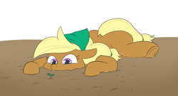 Size: 894x482 | Tagged: safe, artist:jargon scott, oc, oc only, oc:tater trot, earth pony, pony, female, lying down, mare, prone, solo, sprout, underhoof