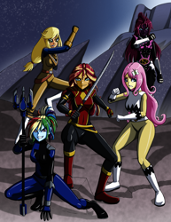 Size: 2988x3880 | Tagged: safe, artist:artemis-polara, applejack, fluttershy, rainbow dash, sunset shimmer, tempest shadow, equestria girls, g4, blue ranger, commission, denji sentai megaranger, gold ranger, high res, katana, pink ranger, power rangers, power rangers hyperforce, power rangers in space, power rangers lost galaxy, power rangers ninja steel, psycho pink, red ranger, seijuu sentai gingaman, shuriken sentai ninninger, super sentai, sword, trident, weapon, yellow ranger