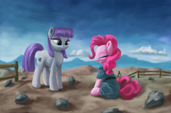 Size: 3000x1979 | Tagged: safe, artist:flusanix, maud pie, pinkie pie, earth pony, pony, g4, clothes, clothes swap, dress, duo, eyes closed, female, grin, high res, mare, pie sisters, rock farm, siblings, sisters, sitting, smiling, when she smiles