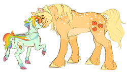Size: 1160x658 | Tagged: safe, artist:halfcrazydaisy, edit, applejack, rainbow dash, earth pony, pegasus, pony, g4, alternate design, body freckles, coat markings, colored hooves, colored wings, cropped, eyes closed, female, floppy ears, fluffy, freckles, kerchief, lesbian, mare, multicolored wings, nuzzling, pale belly, profile, rainbow wings, raised hoof, ship:appledash, shipping, short hair, side view, simple background, size difference, smiling, smoldash, spots, standing, unshorn fetlocks, white background, wings