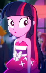 Size: 1920x3013 | Tagged: safe, screencap, twilight sparkle, equestria girls, g4, my little pony equestria girls: summertime shorts, raise this roof, :o, background human, bare shoulders, clothes, cropped, cute, dress, fall formal outfits, female, hairpin, high res, open mouth, sleeveless, solo, strapless, twiabetes, twilight ball dress