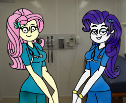 Size: 1280x1047 | Tagged: safe, artist:rdj1995, fluttershy, rarity, equestria girls, g4, duo, female, lesbian, nurse outfit, real life background, ship:flarity, shipping