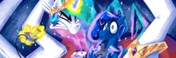 Size: 1600x533 | Tagged: safe, artist:2snacks, princess celestia, princess luna, twilight sparkle, alicorn, pony, g4, angry, crown, glowing horn, horn, jewelry, long neck, princess necklestia, regalia, royal sisters, siblings, sisters