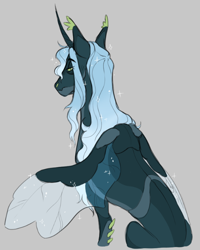 Size: 574x718 | Tagged: safe, artist:halfcrazydaisy, oc, oc only, oc:lacrymaria, changeling, hybrid, pony, ear tufts, female, horn, next generation, parent:princess luna, parent:queen chrysalis, solo, wings