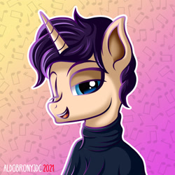 Size: 3000x3000 | Tagged: safe, artist:aldobronyjdc, oc, oc:melody verve, pony, unicorn, bust, clothes, digital art, happy, high res, looking at you, male, music notes, one eye closed, portrait, rule 63, simple background, smiling, smiling at you, sweater, wink