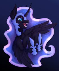 Size: 1000x1203 | Tagged: safe, artist:argigen, nightmare moon, alicorn, pony, g4, bust, cute, dark background, ear fluff, fangs, female, leg fluff, mare, moonabetes, open mouth, slit pupils, solo, spread wings, wings