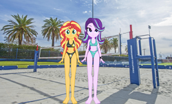 Size: 3060x1850 | Tagged: safe, anonymous artist, starlight glimmer, sunset shimmer, equestria girls, g4, barefoot, beach volleyball, belly button, bikini, breasts, clothes, cutie mark on clothes, cutie mark swimsuit, feet, female, sports, swimsuit, volleyball, volleyball net