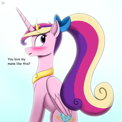 Size: 2700x2700 | Tagged: safe, artist:egstudios93, princess cadance, alicorn, pony, g4, alternate hairstyle, blushing, cute, cutedance, female, high res, mare, ponytail, simple background, sitting, solo