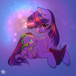 Size: 1024x1024 | Tagged: safe, artist:夏米, spike, twilight sparkle, dragon, pony, unicorn, g4, baby, baby dragon, book, cute, duo, female, glowing horn, horn, male, mare, spikabetes, twiabetes, unicorn twilight, younger