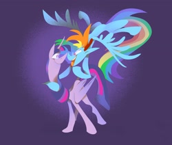 Size: 2048x1740 | Tagged: safe, artist:brdte, rainbow dash, twilight sparkle, alicorn, pegasus, pony, g4, big tail, cartoony, female, flying, folded wings, gesture, hoof around neck, impossibly long neck, leaning forward, looking at each other, mare, open mouth, smiling, spread wings, standing, stylized, twilight sparkle (alicorn), wings