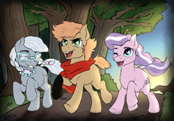 Size: 1870x1300 | Tagged: safe, artist:not-ordinary-pony, diamond tiara, silver spoon, oc, oc:himmel, g4, clothes, colt, female, filly, foal, forest, forest background, gloves, male, running, scarf