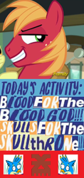 Size: 564x1190 | Tagged: safe, editor:horsesplease, apple bloom, big macintosh, gallus, earth pony, pony, g4, blood for the blood god, bringhomethefun, caption, chaos (warhammer 40k), expand dong, exploitable meme, gallusposting, grin, horror, image macro, khorne, meme, smiling, smirk, warhammer (game), warhammer 40k