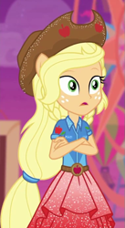 Size: 379x694 | Tagged: safe, screencap, applejack, equestria girls, equestria girls series, g4, rollercoaster of friendship, cropped, ponied up, solo, super ponied up