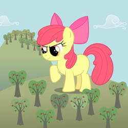 Size: 1700x1700 | Tagged: safe, artist:cyberglass, apple bloom, earth pony, pony, g4, apple, apple tree, blank flank, female, filly, giant pony, giantess, macro, tree