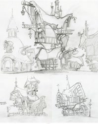 Size: 974x1231 | Tagged: safe, artist:davedunnet, g4, official, the art of equestria, building, concept art, monochrome, pencil drawing, ponyville, sketch, traditional art