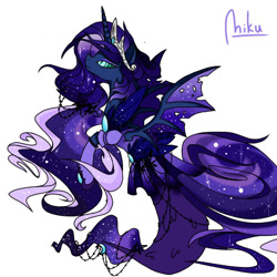Size: 768x768 | Tagged: safe, artist:advitee-chan, nightmare moon, princess luna, alicorn, bat pony, bat pony alicorn, hybrid, merpony, pony, seapony (g4), g4, bat wings, crown, ethereal mane, female, fish tail, flowing mane, horn, jewelry, looking up, nightmare luna, race swap, regalia, seaponified, seapony luna, signature, simple background, solo, species swap, spread wings, starry mane, tail, wings