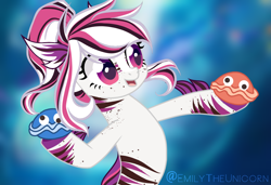 Size: 1082x739 | Tagged: safe, artist:x-emilytheunicorn-x, shelldon, shelly, oc, oc only, seapony (g4), dorsal fin, female, fins, multicolored hair, ocean, open mouth, purple eyes, seashell, smiling, solo, underwater, water
