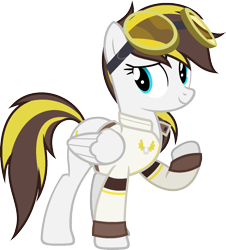 Size: 1327x1470 | Tagged: safe, artist:pegasski, oc, oc only, oc:ruffian, pegasus, pony, g4, clothes, female, goggles, mare, raised hoof, shirt, simple background, solo, transparent background
