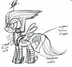 Size: 937x867 | Tagged: safe, artist:lauren faust, rainbow dash, pegasus, pony, g4, my little pony: the art of equestria, official, cape, clothes, concept art, female, helmet, pencil drawing, sketch, socks, traditional art