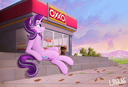 Size: 2629x1784 | Tagged: safe, artist:uliovka, starlight glimmer, pony, unicorn, g4, coffee, female, high res, leaves, mare, oxxo, solo