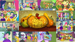 Size: 1280x721 | Tagged: safe, edit, edited screencap, editor:quoterific, screencap, applejack, cherry crash, fluttershy, microchips, mystery mint, photo finish, pinkie pie, rainbow dash, rarity, sci-twi, scribble dee, sunset shimmer, twilight sparkle, equestria girls, equestria girls series, g4, holidays unwrapped, o come all ye squashful, spoiler:eqg series (season 2), bracelet, cellphone, clothes, cornucopia, cornucopia costumes, cutie mark, cutie mark on clothes, geode of empathy, geode of fauna, geode of shielding, geode of sugar bombs, geode of super speed, geode of super strength, geode of telekinesis, humane five, humane seven, humane six, inflatable dress, jewelry, lockers, magical geodes, necklace, open mouth, phone, rarity peplum dress