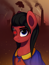 Size: 2400x3200 | Tagged: safe, artist:stravy_vox, oc, oc:red eye, cyborg, earth pony, pony, fallout equestria, cybernetic eyes, factory, high res, pinkie pie balloons, smoke