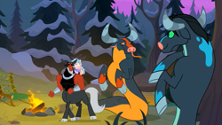 Size: 1417x797 | Tagged: safe, screencap, cozy glow, lord tirek, queen chrysalis, centaur, changeling, changeling queen, ophiotaurus, frenemies (episode), g4, season 9, campfire, chair, disguise, disguised changeling, female, filly, foal, heart eyes, male, wingding eyes