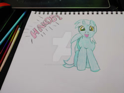 Size: 400x300 | Tagged: safe, artist:dougtheloremaster, lyra heartstrings, pony, unicorn, g4, cheirophilia, deviantart watermark, obtrusive watermark, pencil, pencil drawing, photo, sketchpad, traditional art, watermark